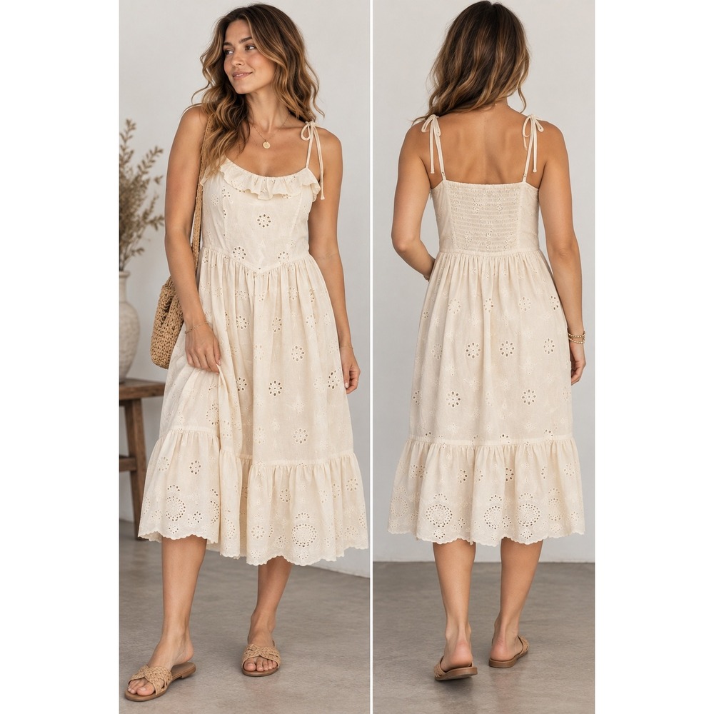 Celebrity Pink Eyelet Midi Dress XS Ivory Cottagecore Coquette Tie Strap
